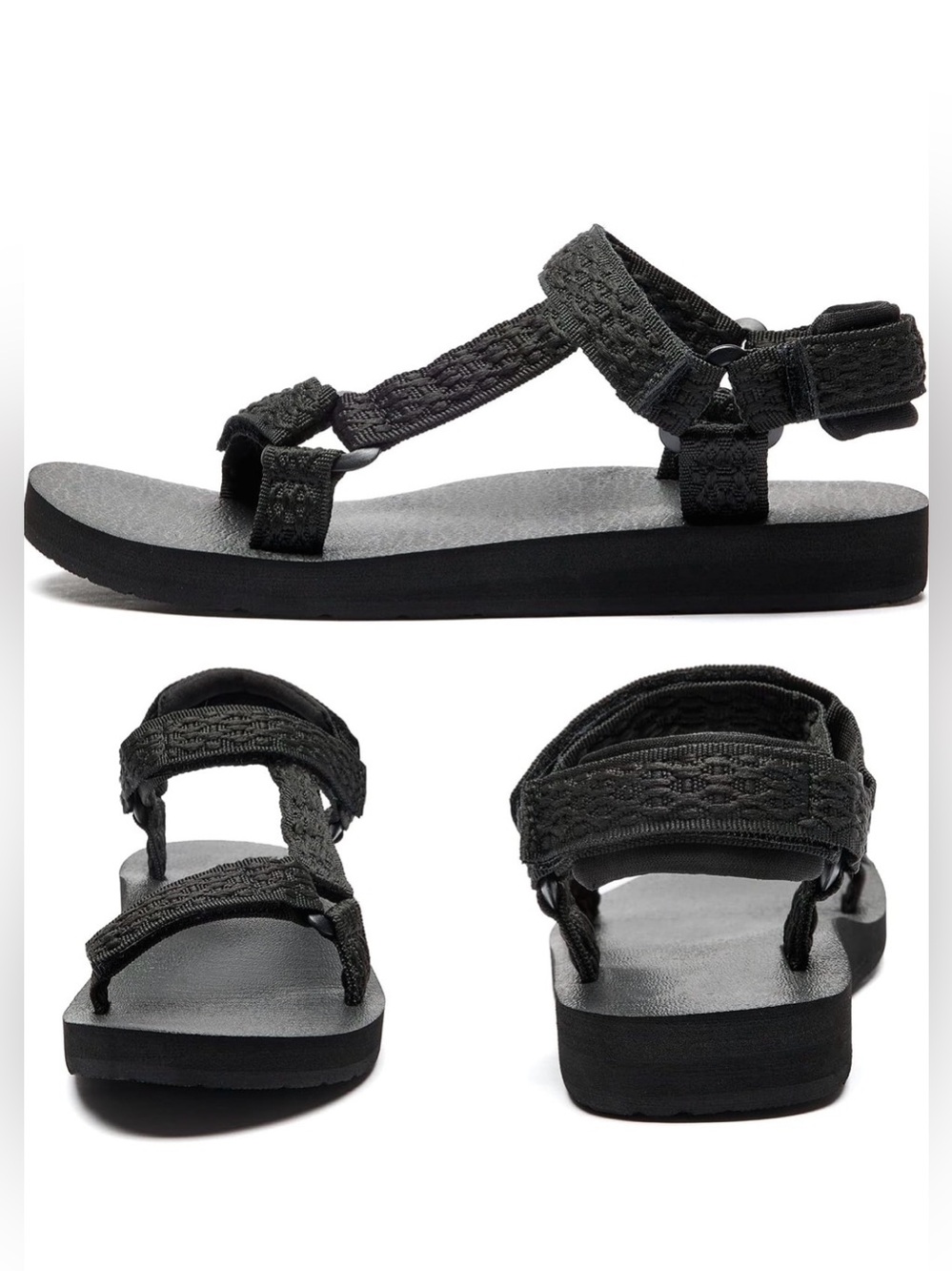 Women's Black Strappy Sandals with Adjustable Hook-and-Loop Straps